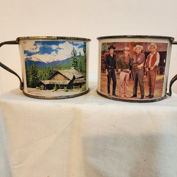 Vtg Bonanza Ponderosa Ranch Souvenir Tin Mugs Set of 2 Nevada Western TV Show - Picture 2 of 9